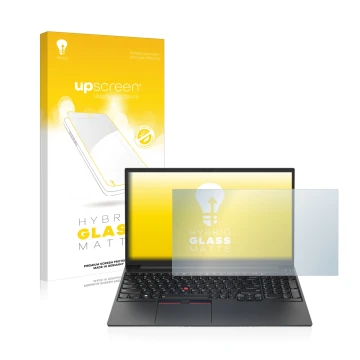Parte frontal de un envase de producto con el logotipo de la marca upscreen. Al lado se muestra el dispositivo Lenovo ThinkPad