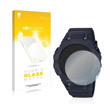 Parte frontal de un envase de producto con el logotipo de la marca upscreen. Al lado se muestra el dispositivo Casio G-Shock G