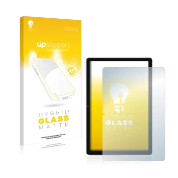 Parte frontal de un envase de producto con el logotipo de la marca upscreen. Al lado se muestra el dispositivo Blackview Tab 1