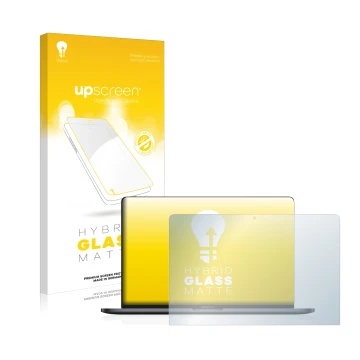 Parte frontal de un envase de producto con el logotipo de la marca upscreen. Al lado se muestra el dispositivo Apple MacBook P