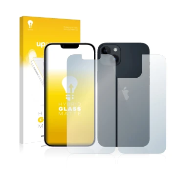 Parte frontal de un envase de producto con el logotipo de la marca upscreen. Al lado se muestra el dispositivo Apple iPhone 14