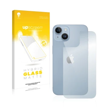 Parte frontal de un envase de producto con el logotipo de la marca upscreen. Al lado se muestra el dispositivo Apple iPhone 14