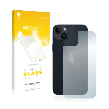 Parte frontal de un envase de producto con el logotipo de la marca upscreen. Al lado se muestra el dispositivo Apple iPhone 14