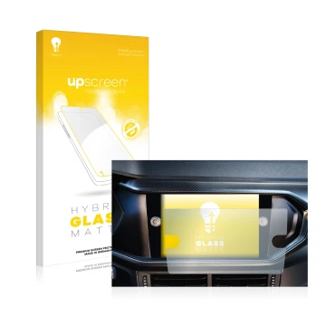 Parte frontal de un envase de producto con el logotipo de la marca upscreen. Al lado se muestra el dispositivo Volkswagen T-Cr