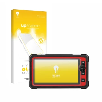 Parte frontal de un envase de producto con el logotipo de la marca upscreen. Al lado se muestra el dispositivo Launch X-431 CR