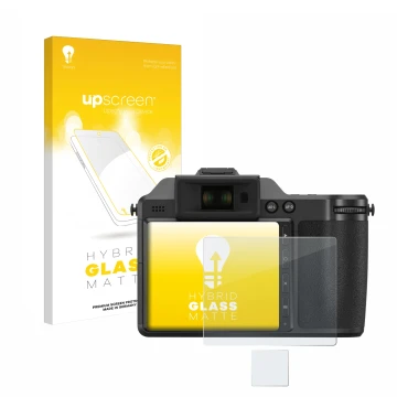 Parte frontal de un envase de producto con el logotipo de la marca upscreen. Al lado se muestra el dispositivo Hasselblad X2D 