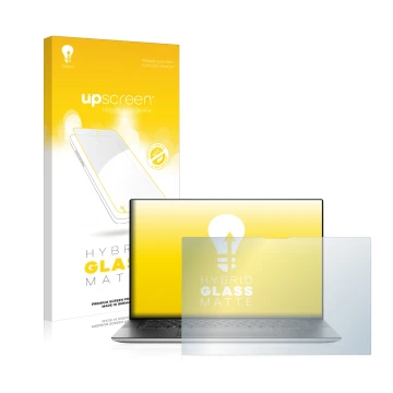 Parte frontal de un envase de producto con el logotipo de la marca upscreen. Al lado se muestra el dispositivo Dell XPS 15 952
