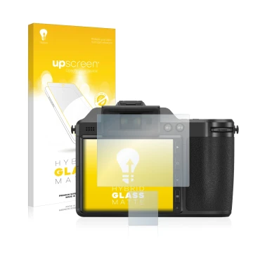 Parte frontal de un envase de producto con el logotipo de la marca upscreen. Al lado se muestra el dispositivo Fujifilm X-H2 c