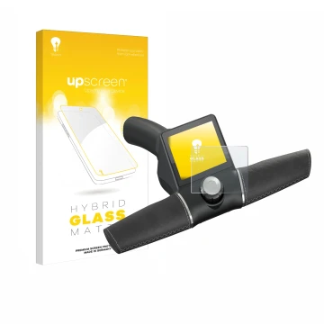 Parte frontal de un envase de producto con el logotipo de la marca upscreen. Al lado se muestra el dispositivo Motocaddy M3 GP