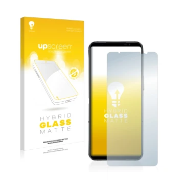 Parte frontal de un envase de producto con el logotipo de la marca upscreen. Al lado se muestra el dispositivo ASUS ROG Phone 