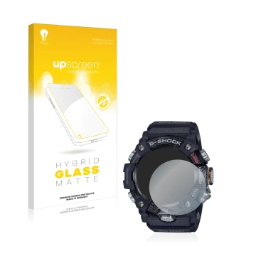 Parte frontal de un envase de producto con el logotipo de la marca upscreen. Al lado se muestra el dispositivo Casio G-Shock M