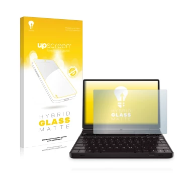 Parte frontal de un envase de producto con el logotipo de la marca upscreen. Al lado se muestra el dispositivo GPD Win Max 2 c