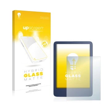 Parte frontal de un envase de producto con el logotipo de la marca upscreen. Al lado se muestra el dispositivo Amazon Kindle R