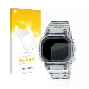 Parte frontal de un envase de producto con el logotipo de la marca upscreen. Al lado se muestra el dispositivo Casio G-Shock D