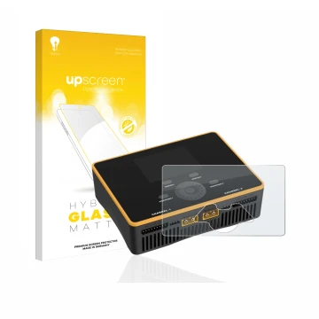 Parte frontal de un envase de producto con el logotipo de la marca upscreen. Al lado se muestra el dispositivo Junsi iCharger 