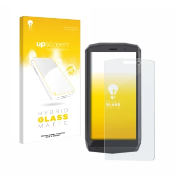 Parte frontal de un envase de producto con el logotipo de la marca upscreen. Al lado se muestra el dispositivo Cubot Pocket co