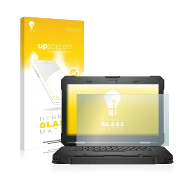 Parte frontal de un envase de producto con el logotipo de la marca upscreen. Al lado se muestra el dispositivo Dell Latitude 5