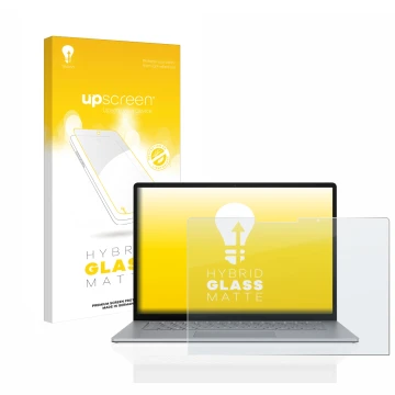 Parte frontal de un envase de producto con el logotipo de la marca upscreen. Al lado se muestra el dispositivo Microsoft Surfa