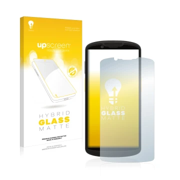 Parte frontal de un envase de producto con el logotipo de la marca upscreen. Al lado se muestra el dispositivo Zebra TC58 con 