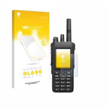 Parte frontal de un envase de producto con el logotipo de la marca upscreen. Al lado se muestra el dispositivo Motorola R7 con