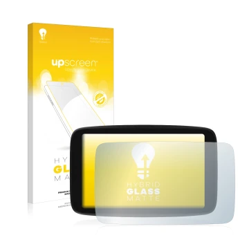 Parte frontal de un envase de producto con el logotipo de la marca upscreen. Al lado se muestra el dispositivo TomTom GO Campe