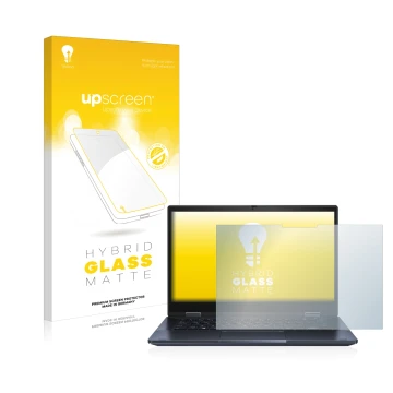 Parte frontal de un envase de producto con el logotipo de la marca upscreen. Al lado se muestra el dispositivo ASUS ExpertBook