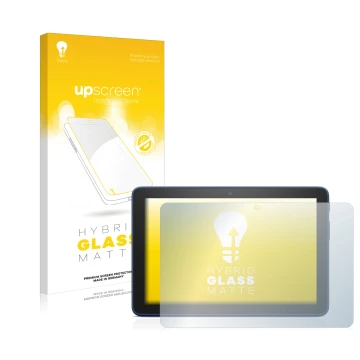 Parte frontal de un envase de producto con el logotipo de la marca upscreen. Al lado se muestra el dispositivo Amazon Fire HD 