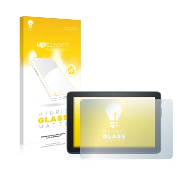 Parte frontal de un envase de producto con el logotipo de la marca upscreen. Al lado se muestra el dispositivo Amazon Fire HD 