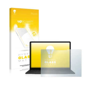 Parte frontal de un envase de producto con el logotipo de la marca upscreen. Al lado se muestra el dispositivo Microsoft Surfa