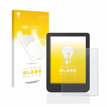 Parte frontal de un envase de producto con el logotipo de la marca upscreen. Al lado se muestra el dispositivo Tolino Shine 4 