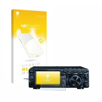 Parte frontal de un envase de producto con el logotipo de la marca upscreen. Al lado se muestra el dispositivo Yaesu FT-710 co