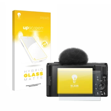 Parte frontal de un envase de producto con el logotipo de la marca upscreen. Al lado se muestra el dispositivo Sony ZV-1F con 