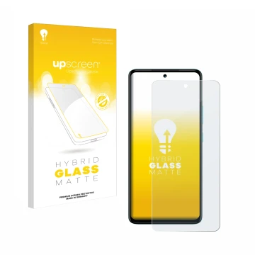 Parte frontal de un envase de producto con el logotipo de la marca upscreen. Al lado se muestra el dispositivo Motorola Moto G