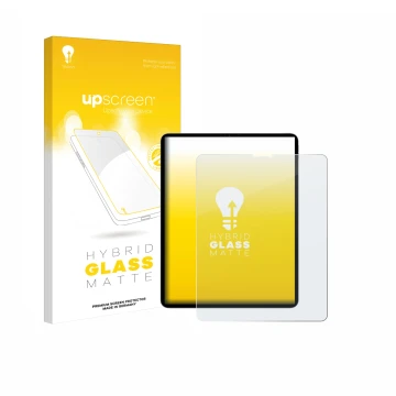 Parte frontal de un envase de producto con el logotipo de la marca upscreen. Al lado se muestra el dispositivo Apple iPad Pro 