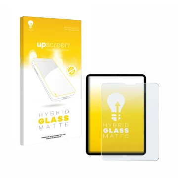 Parte frontal de un envase de producto con el logotipo de la marca upscreen. Al lado se muestra el dispositivo Apple iPad Pro 