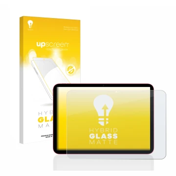 Parte frontal de un envase de producto con el logotipo de la marca upscreen. Al lado se muestra el dispositivo Apple iPad 10.9