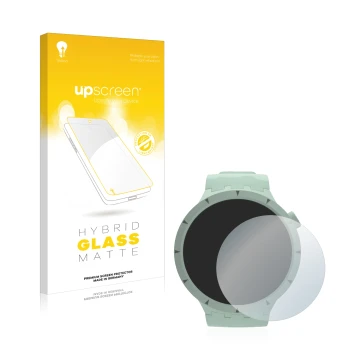 Parte frontal de un envase de producto con el logotipo de la marca upscreen. Al lado se muestra el dispositivo Swatch Big Bold