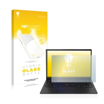 Parte frontal de un envase de producto con el logotipo de la marca upscreen. Al lado se muestra el dispositivo Lenovo ThinkPad