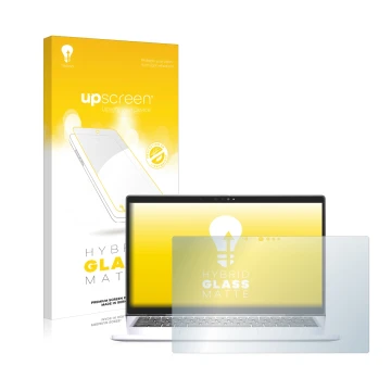 Parte frontal de un envase de producto con el logotipo de la marca upscreen. Al lado se muestra el dispositivo Dell Latitude 7
