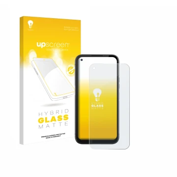 Parte frontal de un envase de producto con el logotipo de la marca upscreen. Al lado se muestra el dispositivo Gigaset GX6 con