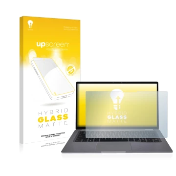 Parte frontal de un envase de producto con el logotipo de la marca upscreen. Al lado se muestra el dispositivo Dell Latitude 9