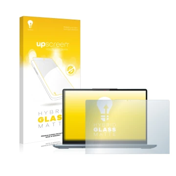 Parte frontal de un envase de producto con el logotipo de la marca upscreen. Al lado se muestra el dispositivo Lenovo IdeaPad 
