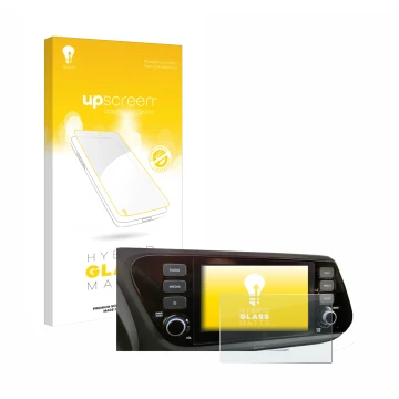 Parte frontal de un envase de producto con el logotipo de la marca upscreen. Al lado se muestra el dispositivo Hyundai i20 202