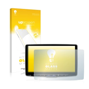 Parte frontal de un envase de producto con el logotipo de la marca upscreen. Al lado se muestra el dispositivo Alpine ILX-F115