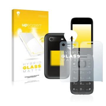 Parte frontal de un envase de producto con el logotipo de la marca upscreen. Al lado se muestra el dispositivo Nokia 2660 Flip