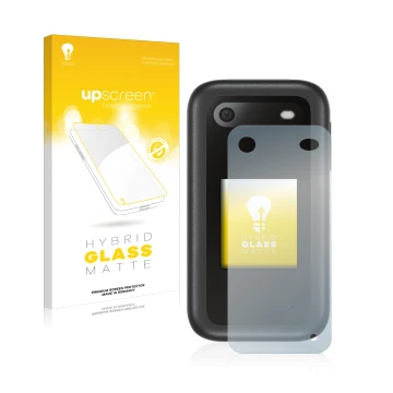 Parte frontal de un envase de producto con el logotipo de la marca upscreen. Al lado se muestra el dispositivo Nokia 2660 Flip