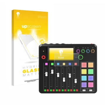 Parte frontal de un envase de producto con el logotipo de la marca upscreen. Al lado se muestra el dispositivo Rode Rodecaster