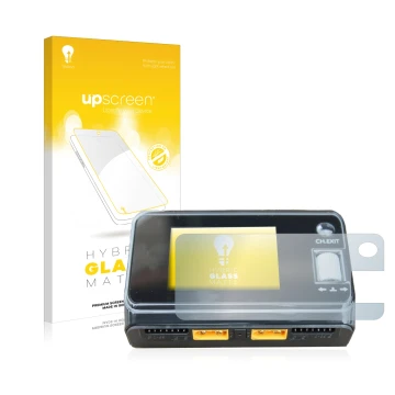 Parte frontal de un envase de producto con el logotipo de la marca upscreen. Al lado se muestra el dispositivo ToolkitRC M6D D