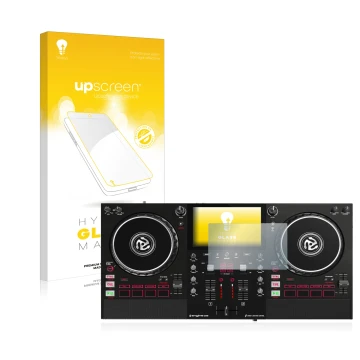 Parte frontal de un envase de producto con el logotipo de la marca upscreen. Al lado se muestra el dispositivo Numark Mixstrea