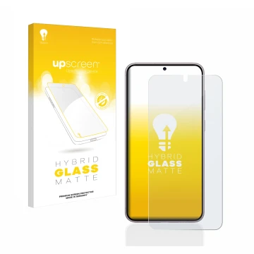 Parte frontal de un envase de producto con el logotipo de la marca upscreen. Al lado se muestra el dispositivo Samsung Galaxy 